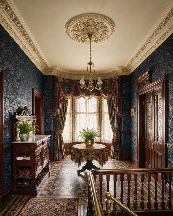 A Victorian-style entryway with dark blue patterned wallpaper, ornate plaster ceiling medallions, and rich wood trim. A brass chandelier hangs above a small round table with a fern, while heavy patterned drapes frame a bright bay window and stained-glass doors add historic detail.