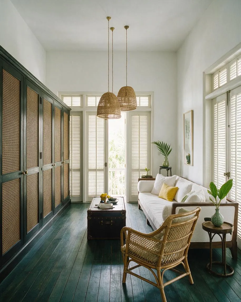A bright tropical-style basement with white walls, dark green painted wood floors, and a large built-in wardrobe with woven cane doors. The space includes a white sofa, a rattan chair, a dark trunk coffee table, hanging wicker pendant lights, and tall shuttered windows that bring in soft natural light.