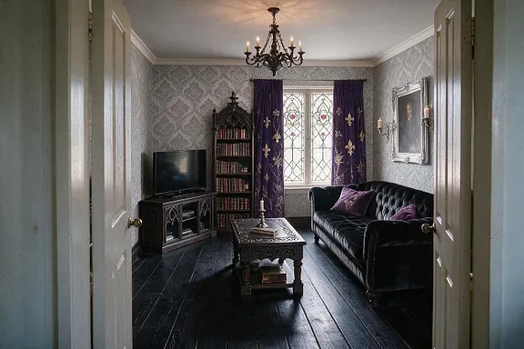 A Gothic living room in the Stone Cathedral palette