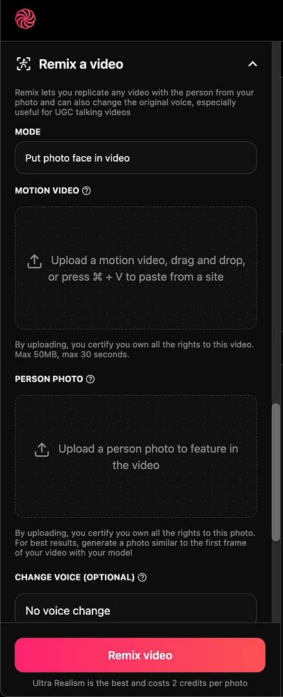 Screenshot of a mobile app interface showing a 'Remix' button within a 'Mocap' feature menu for a video editing app.