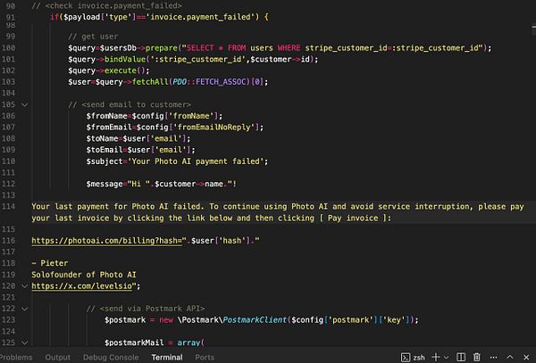 The image displays a code snippet related to handling failed payment notifications in a web application.