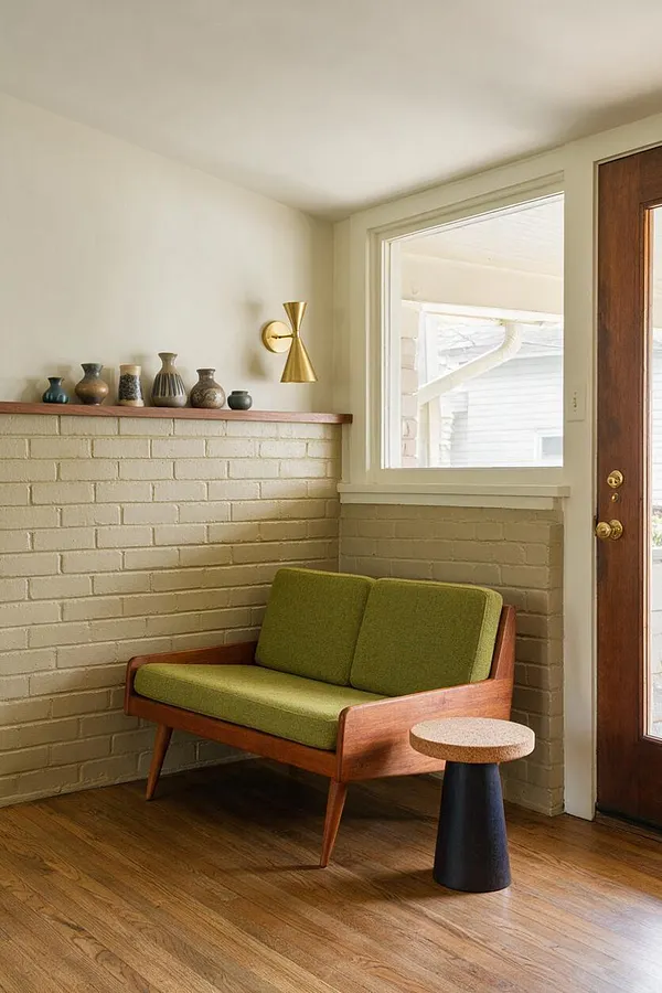 A mid-century modern front porch with a low walnut bench upholstered in olive green, set against cream-painted brick walls. A brass wall sconce, small ceramic vessels on a narrow wood ledge, a round pedestal side table, and a wood-framed glass door complete the warm, minimalist entry.