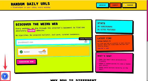 The image displays a colorful website interface for 'Random Daily URLs' with a focus on accessibility features.