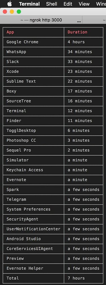 The image shows a time report from a terminal window outlining app usage durations.