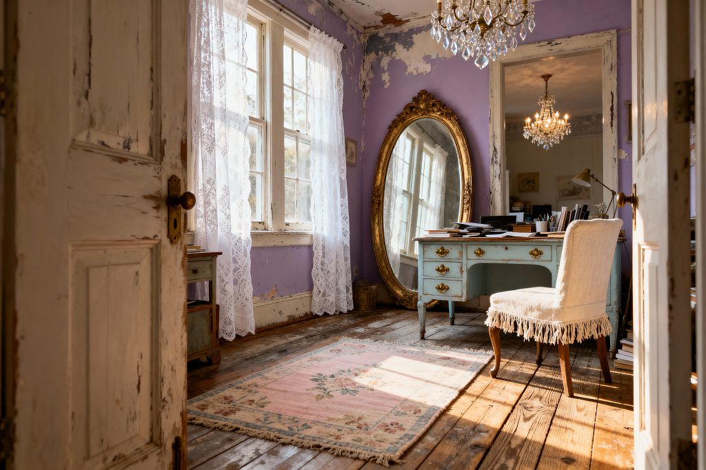 A shabby chic home office with soft lavender walls and peeling white trim, where lace curtains drape tall windows. A distressed robin’s-egg blue desk with brass pulls faces a leaning gilded mirror beneath a crystal chandelier; a linen skirted chair and a blush floral rug rest on wide-plank wooden floors, with sunlight streaming in and books, papers, and a brass task lamp arranged on the desk.