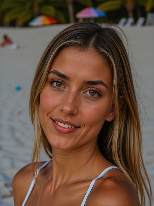A young woman with long, blonde hair smiles warmly at the camera against a beach backdrop.