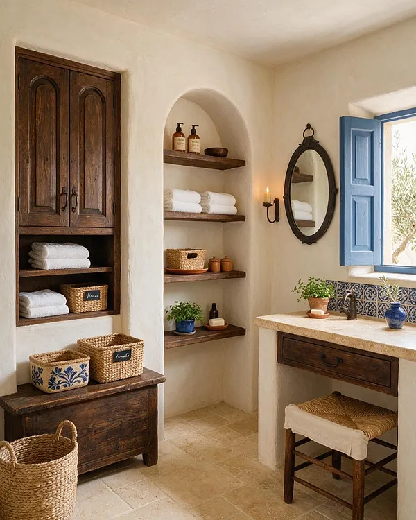 A Mediterranean-style master bathroom with white plaster walls, arched built-in shelves, and rustic dark wood cabinetry. A blue-shuttered window, patterned tile backsplash, woven baskets, and an oval mirror create a warm, sunlit, coastal feel.