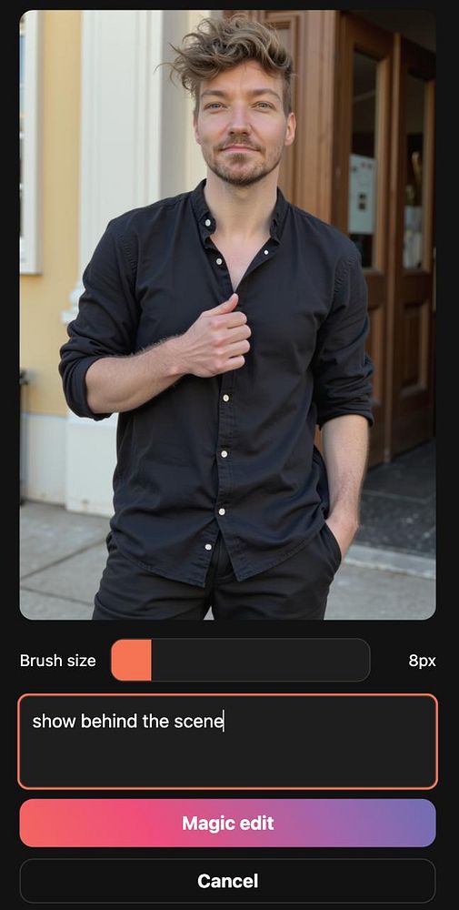 A man stands outside a building, interacting with a photo editing interface on his device.