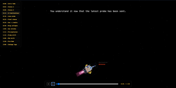 A screenshot from a game showing a character standing on a floating platform with a glowing gate and a dark mountainous background under a cloudy sky.