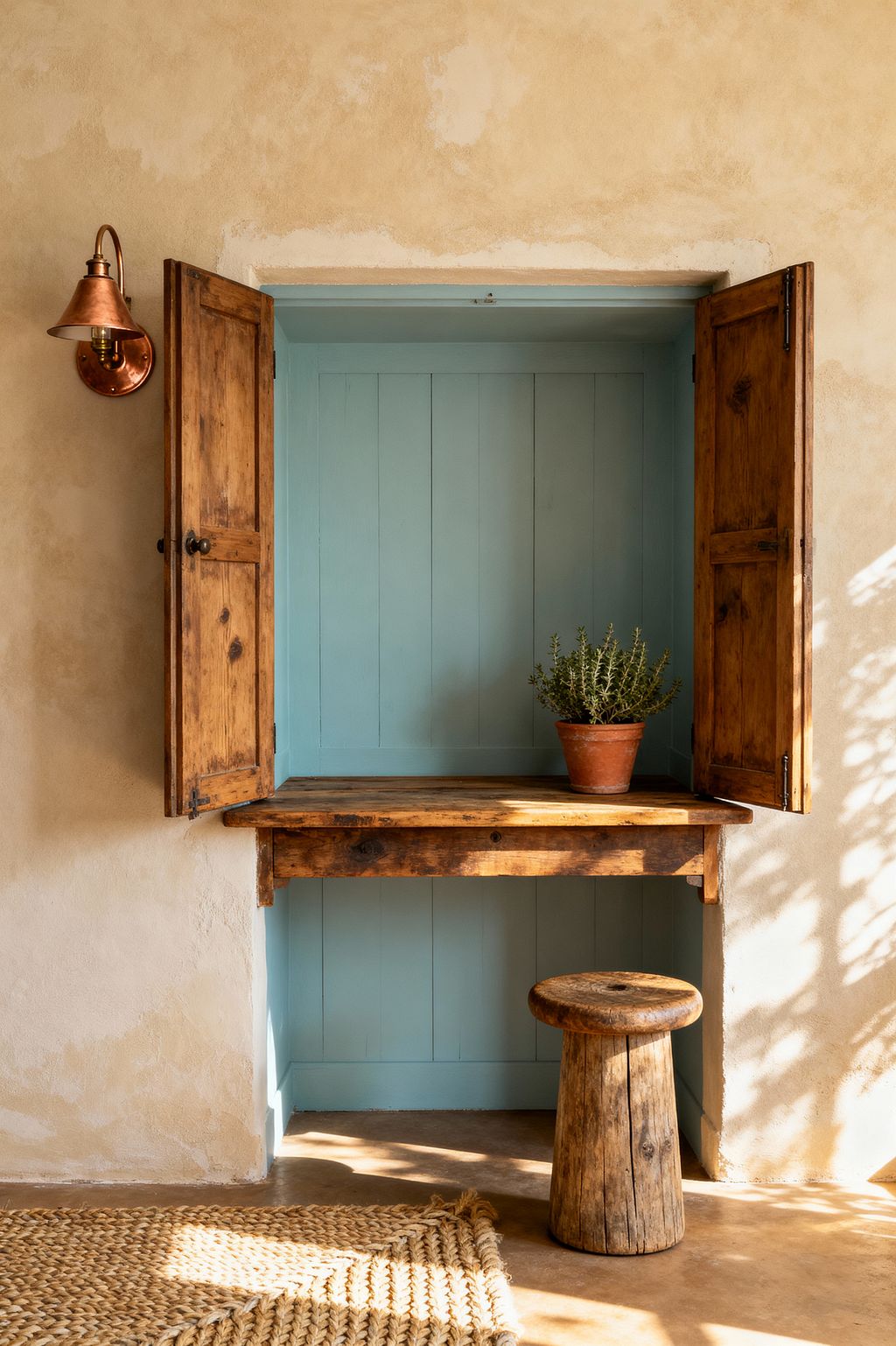 A compact farmhouse home office is tucked into a wall niche with duck-egg blue tongue-and-groove paneling, framed by open rustic wooden shutters. A thick reclaimed-wood desk and log-style stool sit beside a copper wall sconce, with a terracotta potted herb on the surface; warm beige limewash walls, a chunky jute rug, and sunlight casting leafy shadows across the concrete floor create a calm, textured workspace.
