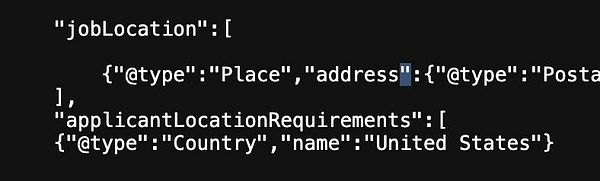 The image displays a snippet of JSON code related to job location and applicant requirements.