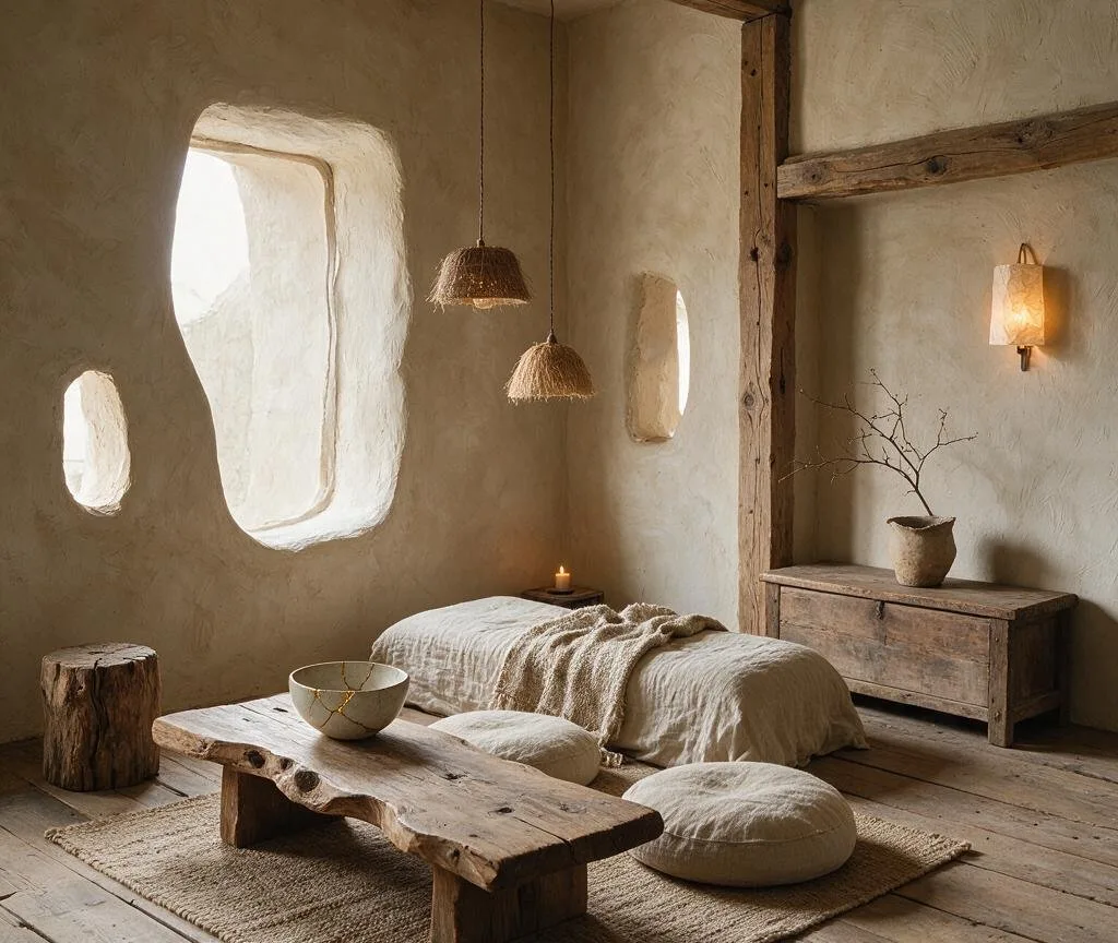 A living room in the Wabi-Sabi style