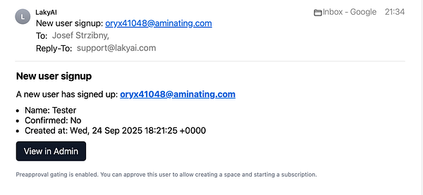 Email notification about a new user signup.