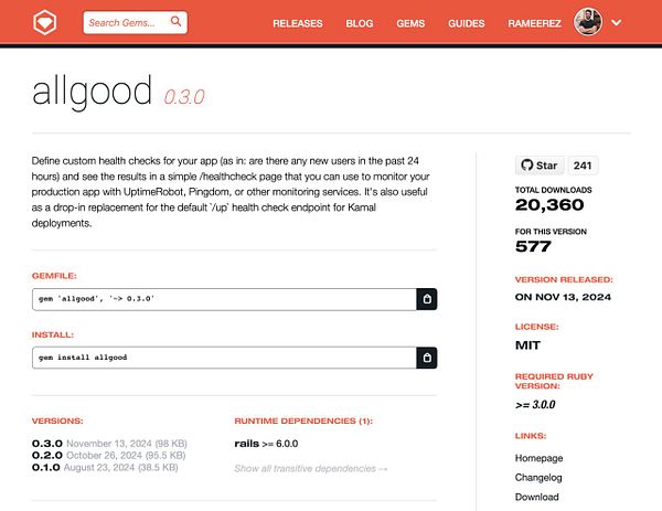 The image displays a webpage for the Ruby gem 'allgood' version 0.3.0.