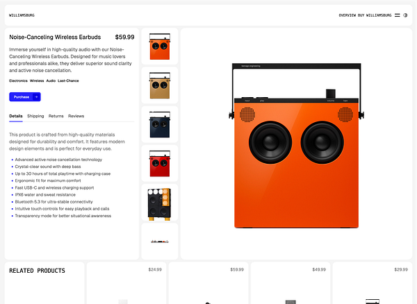 The image features a product listing for Noise-Canceling Wireless Earbuds displayed on a modern e-commerce interface.