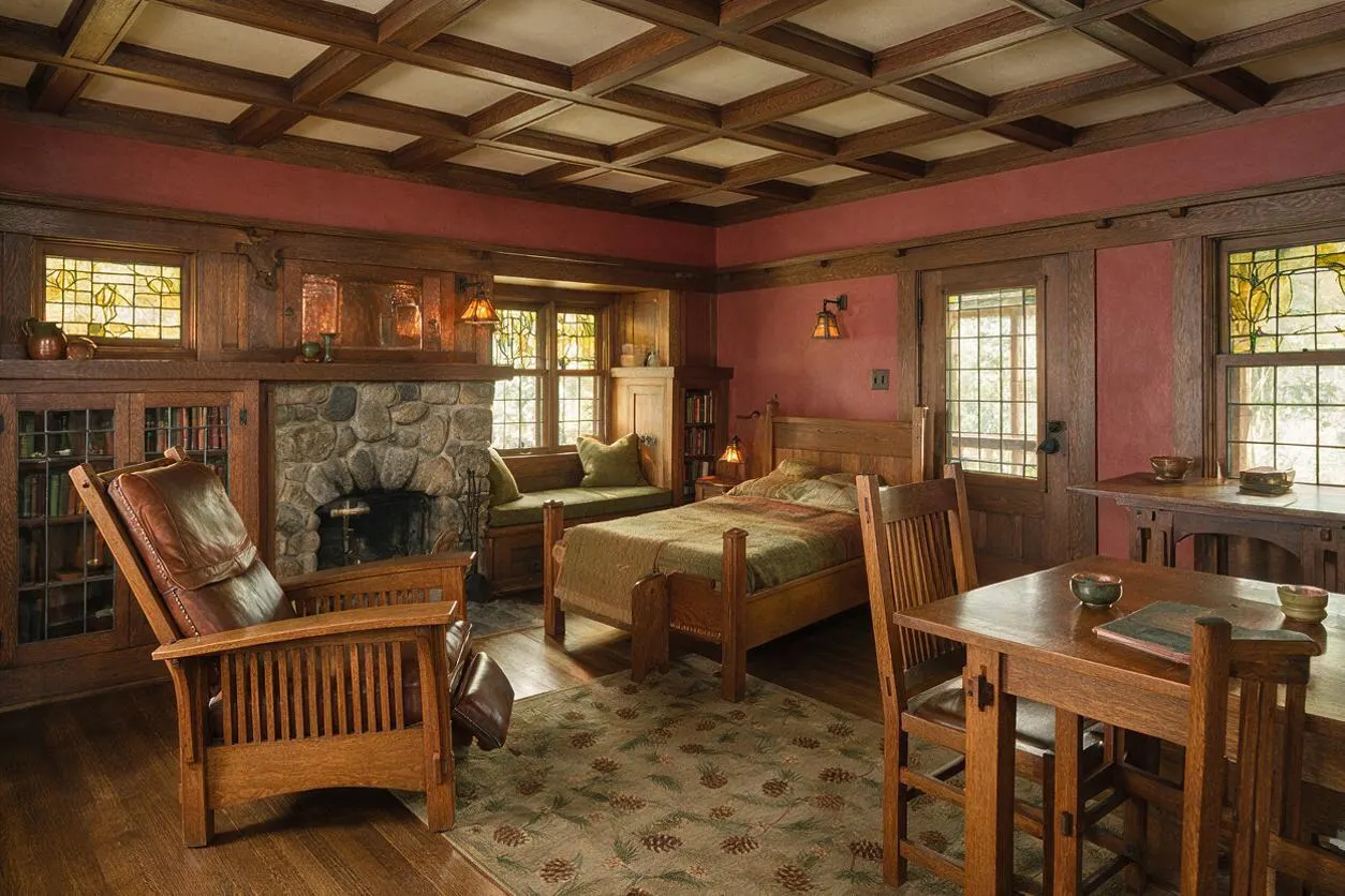 A Craftsman-style bedroom with a wooden bed, stone fireplace, built-in bookshelves, and stained-glass windows. The room features dark wood trim, a coffered ceiling, rosy walls, and cozy seating with a leather chair and a small table.