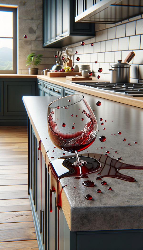 A kitchen with a stain-resistant countertop, showing a spilled glass of red wine with the liquid beading on the surface instead of soaking into the material.