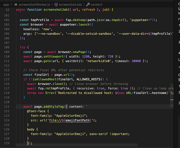 The image displays a code snippet from a JavaScript file named screenshotWorker.js, focusing on a function that handles URL redirection and disallowed hosts.