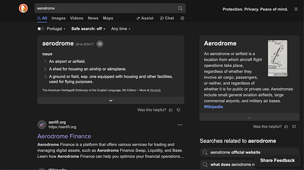 The image displays a DuckDuckGo search results page for the term 'aerodrome'.