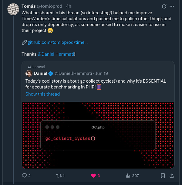 A Twitter post discussing a method related to PHP benchmarking.