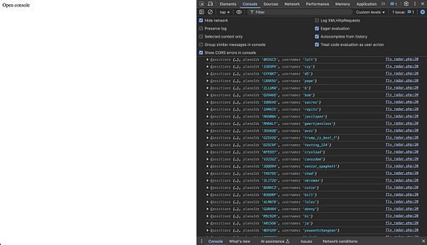 The image displays a developer console interface showing active WebSocket connections for a flight radar application.