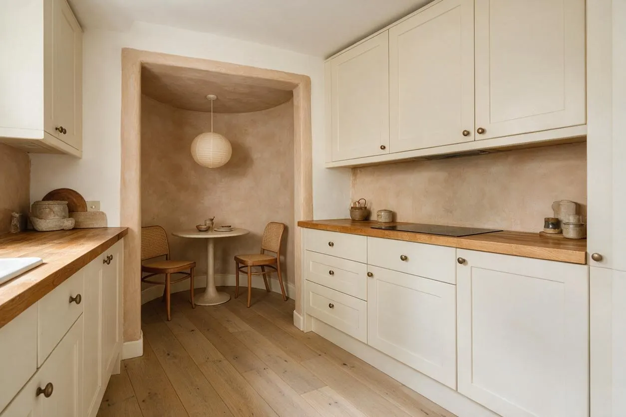 A warm Organic Modern kitchen with cream cabinetry, wood countertops, and pale plank flooring. A plaster-lined recessed nook holds a small round table, two woven chairs, and a paper pendant light, creating a cozy dining corner within the kitchen.