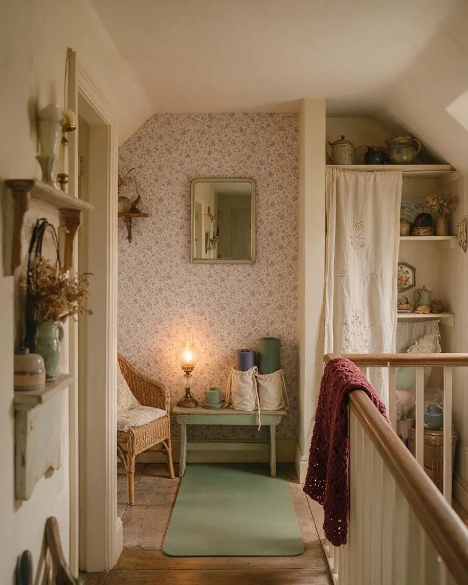 A cozy cottagecore-inspired home gym with floral wallpaper, a pale green yoga mat, and a wicker chair beside a small painted bench. A warm lamp glows against the patterned wall, while open shelves with pottery, folded towels, and woven storage add a homely, collected feel.
