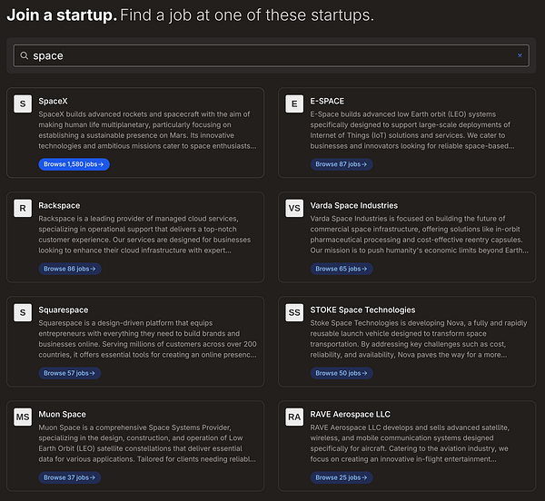 Screenshot of a startups page showing a search bar and a list of startup companies with details.