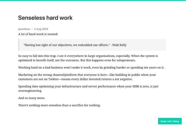 The image features a blog post titled 'Senseless hard work' discussing the futility of unproductive effort.
