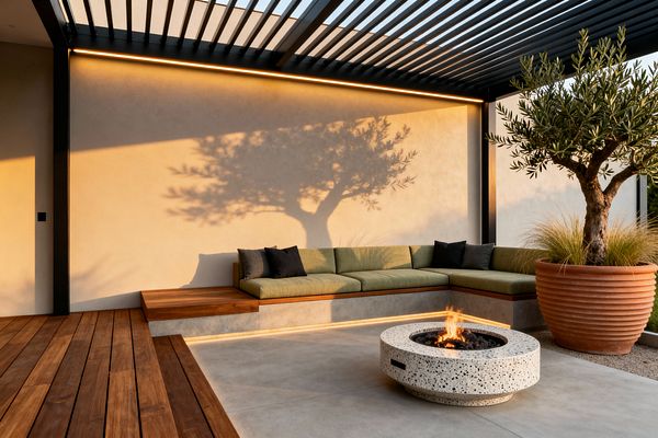 Contemporary patio with a black slatted pergola and warm LED strip lighting washing a smooth stucco wall. An L-shaped built-in bench with olive-green cushions and dark pillows sits on a concrete plinth with under-seat lighting, facing a round speckled terrazzo fire pit on concrete paving; hardwood decking borders the area, and a large terracotta planter holds an olive tree and grasses while late sunlight casts the tree’s shadow across the wall.