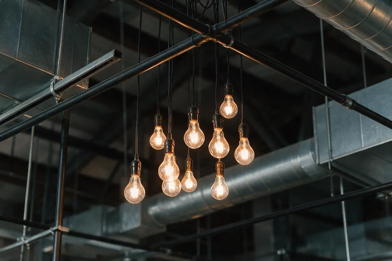 A cluster of warm Edison-style light bulbs hangs from black cords against an exposed industrial ceiling. Dark metal pipes, ductwork, and structural beams frame the scene, creating a raw loft-like atmosphere.