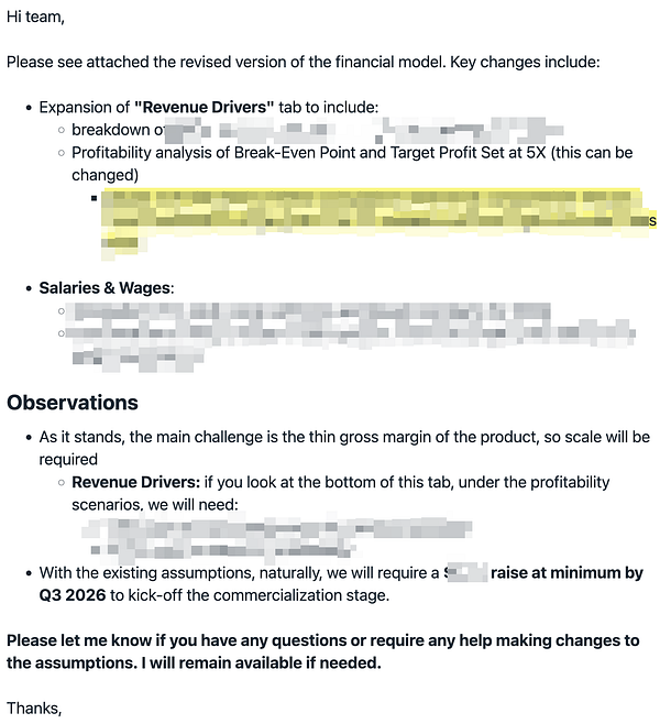 The image displays a screenshot of an email outlining key changes to a financial model.