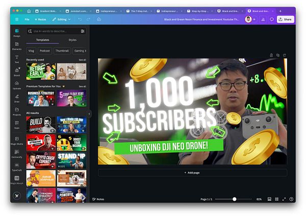 A YouTube thumbnail design in Canva featuring a person holding a gaming controller and celebrating subscriber milestones.