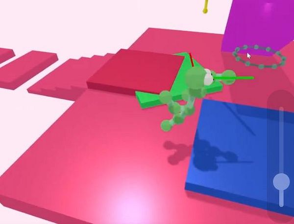 A colorful 3D scene featuring a green character navigating a vibrant platform environment.