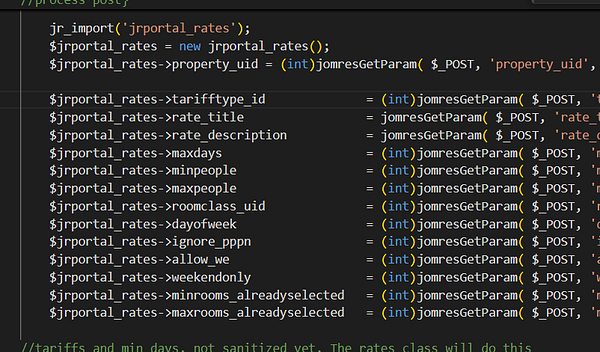 The image displays a code snippet for updating tariff rates in a software application.