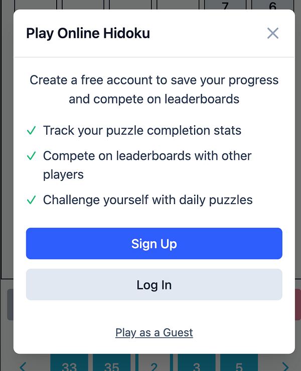 A modal window for the online game Hidoku, prompting users to create an account or log in.