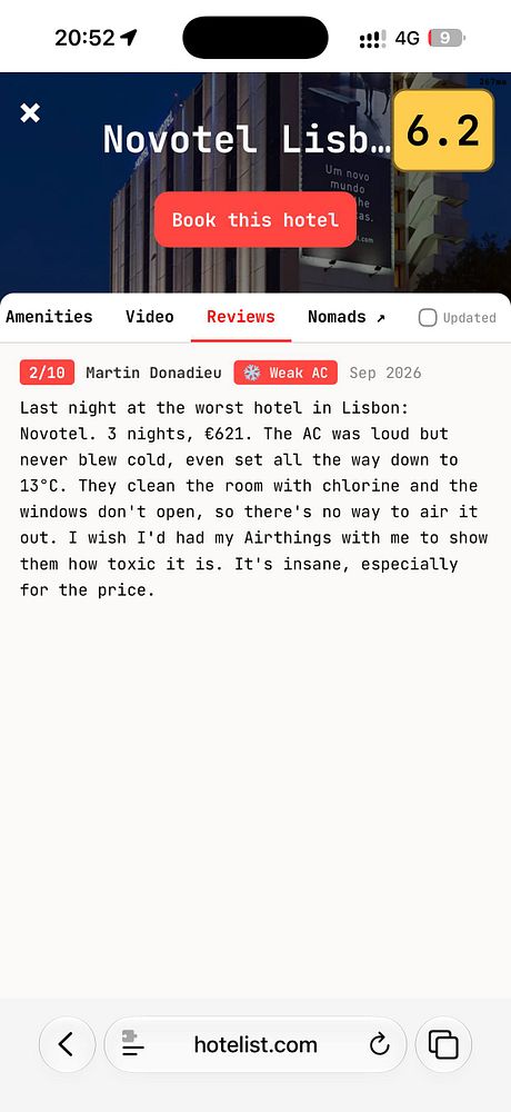 Mobile app interface with a list of hotel items displayed in a scrolling view.