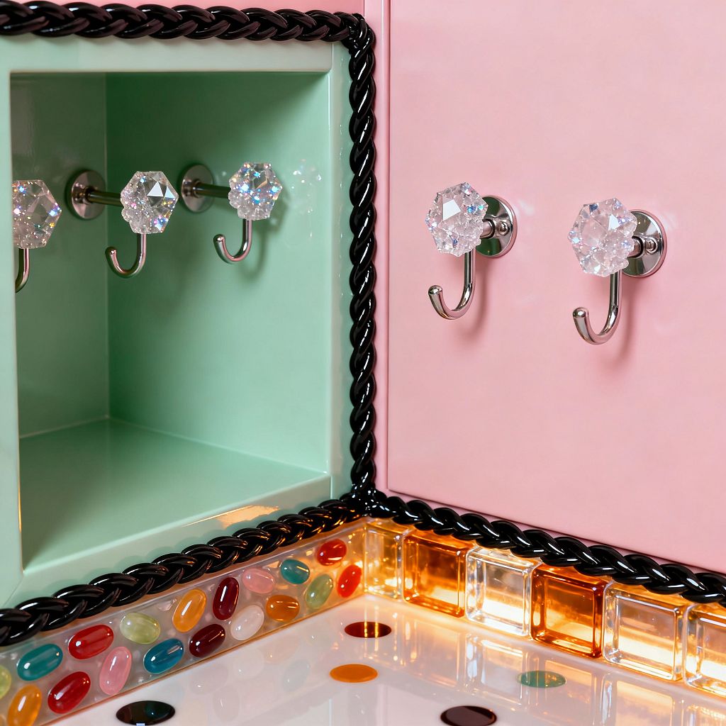 Close-up of a Candy Land–style mudroom nook with glossy bubblegum-pink panels and a mint-green cubby, both bordered by black braided trim. Polished chrome hooks capped with faceted crystal knobs are mounted on the pink panel and inside the cubby. A high-gloss white bench features multicolored dot inlays, while a jelly-bean mosaic and amber-lit glass blocks wrap the edge, creating a playful, jewel-like glow.