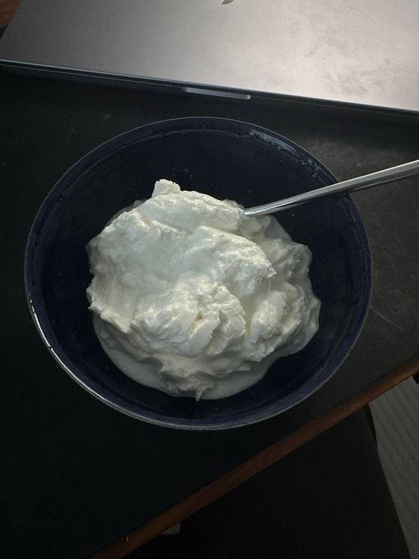 Close-up of a self-made bowl filled with Greek yogurt and topped with powdered nuts on a red sunny outdoor table.