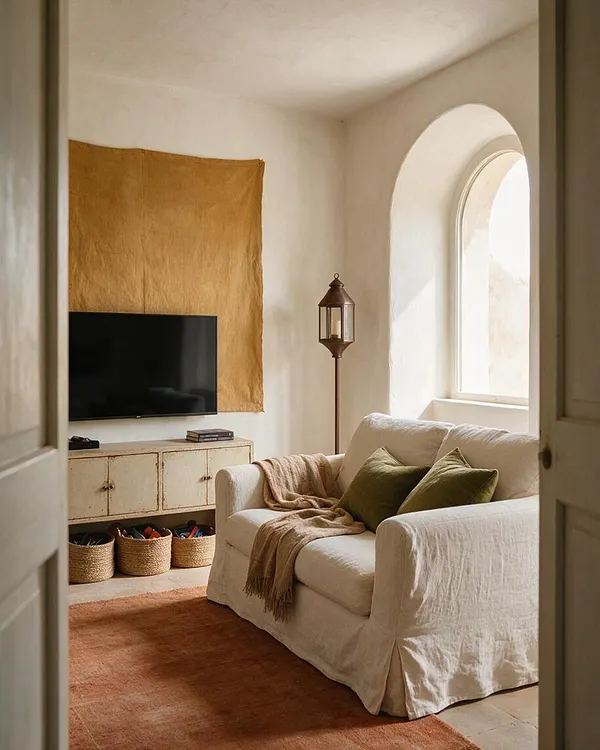 A cozy Mediterranean-style media room with a cream slipcovered sofa, olive and tan pillows, a rust-toned rug, and a black wall-mounted TV above a weathered cabinet. An arched window brings in soft daylight, while a lantern floor lamp and woven baskets add rustic texture.