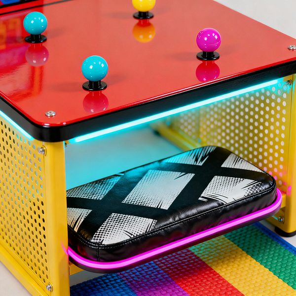A close-up of a kids’ play desk styled in Pop Art colors, featuring a glossy red tabletop with colorful sphere knobs, black edge trim, and yellow perforated metal sides fixed with bolts. Under the top, a cyan LED strip washes light over a vinyl cushion printed with bold black-and-white comic graphics and edged in pink neon, set above a textured rainbow floor mat.