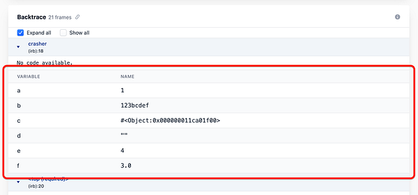 Screenshot of the Telebugs debugging tool interface showing a paused call stack with local variables displayed for each stack frame.