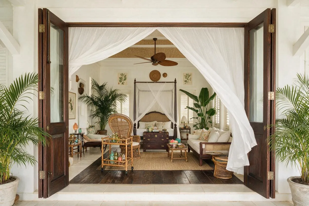 An open set of dark wood French doors reveals a bright tropical living room framed by flowing white sheer curtains. Inside are rattan and wicker furniture, a canopy bed at the back, large potted palms, white walls, woven textures, and warm wood floors in a relaxed, airy setting.