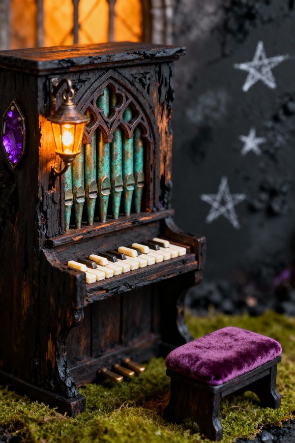 A small Gothic-style pipe organ made of dark, distressed wood sits on a moss-like surface, with patinated teal pipes and ivory-style keys. A warm brass lantern hangs from the side near a faceted purple gem. In front is a low bench upholstered in deep purple velvet. The background shows a charcoal wall with chalk-drawn stars and a softly glowing leaded window, creating a castle-inspired, child-friendly atmosphere.