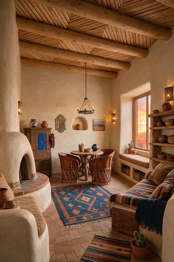 A cozy studio apartment with thick adobe-style plaster walls, exposed wood ceiling beams, and a round kiva-style fireplace on the left. The room includes a small carved wooden table with leather chairs, a blue patterned rug, pottery, woven accents, and a striped upholstered sofa near a sunlit window.
