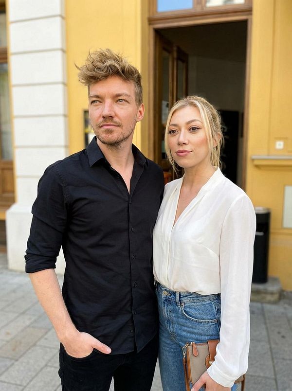 A couple poses together outdoors in a stylish urban setting.