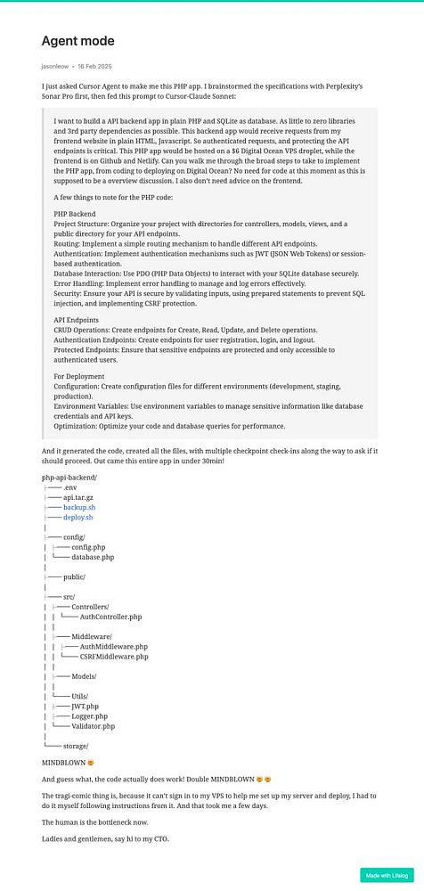 A detailed blog post discussing the development of a PHP app with various technical specifications and project structure.