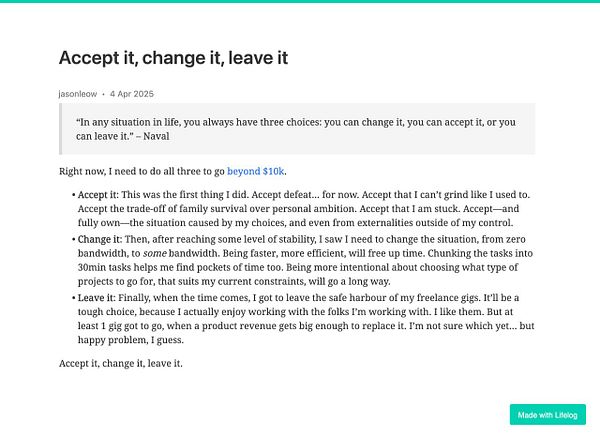 The image features a blog post discussing the concepts of acceptance, change, and leaving in the context of personal and professional growth.