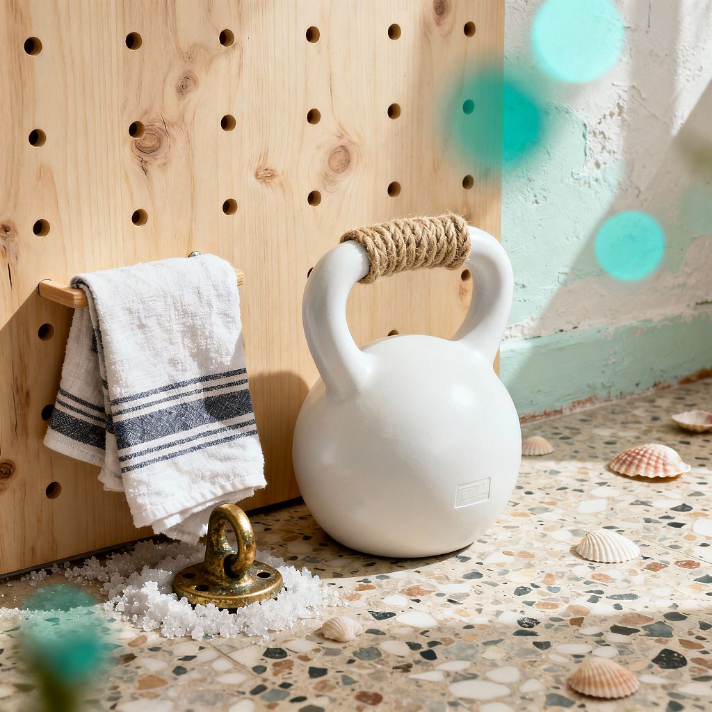 A sunlit home gym vignette features a glossy white kettlebell with a jute-wrapped handle on a speckled terrazzo floor beside a light pine pegboard holding a white cotton towel with navy stripes. Nearby, a small brass mooring ring sits in coarse sea-salt crystals with scattered shells, set against a textured white wall with seafoam green trim, creating a breezy coastal palette and clean, minimal styling.