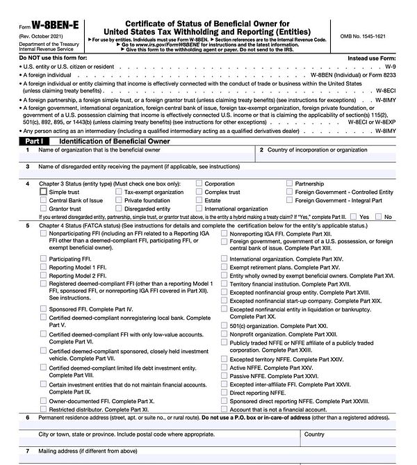 Form W-8BEN-E filled out with specific information including name, country, and tax identification details.